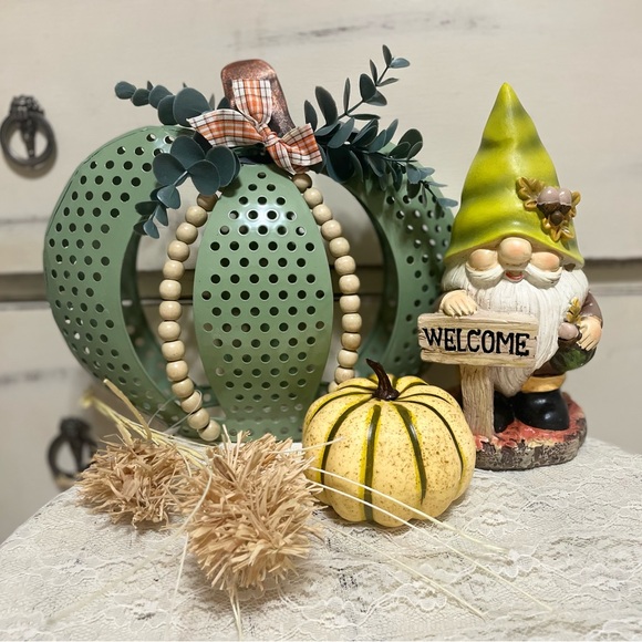 3x$15 Green Metal Pumpkin and Gnome Decor Set - Picture 1 of 4